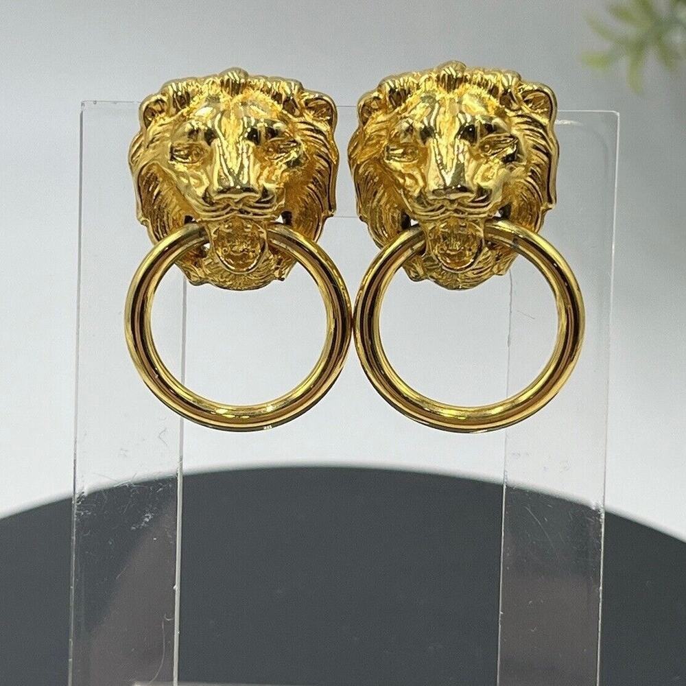 Vintage Lion Head‎ Door Knocker Gold Tone Clip On Dangle Animal Earrings